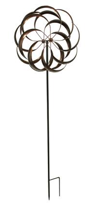 Upper Deck - Antique Copper Finish Metal Art Dual Flower Wind Spinner Garden Stake - Brown