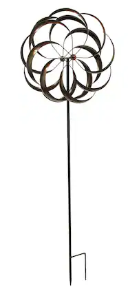 Front. Upper Deck - Antique Copper Finish Metal Art Dual Flower Wind Spinner Garden Stake - Brown.