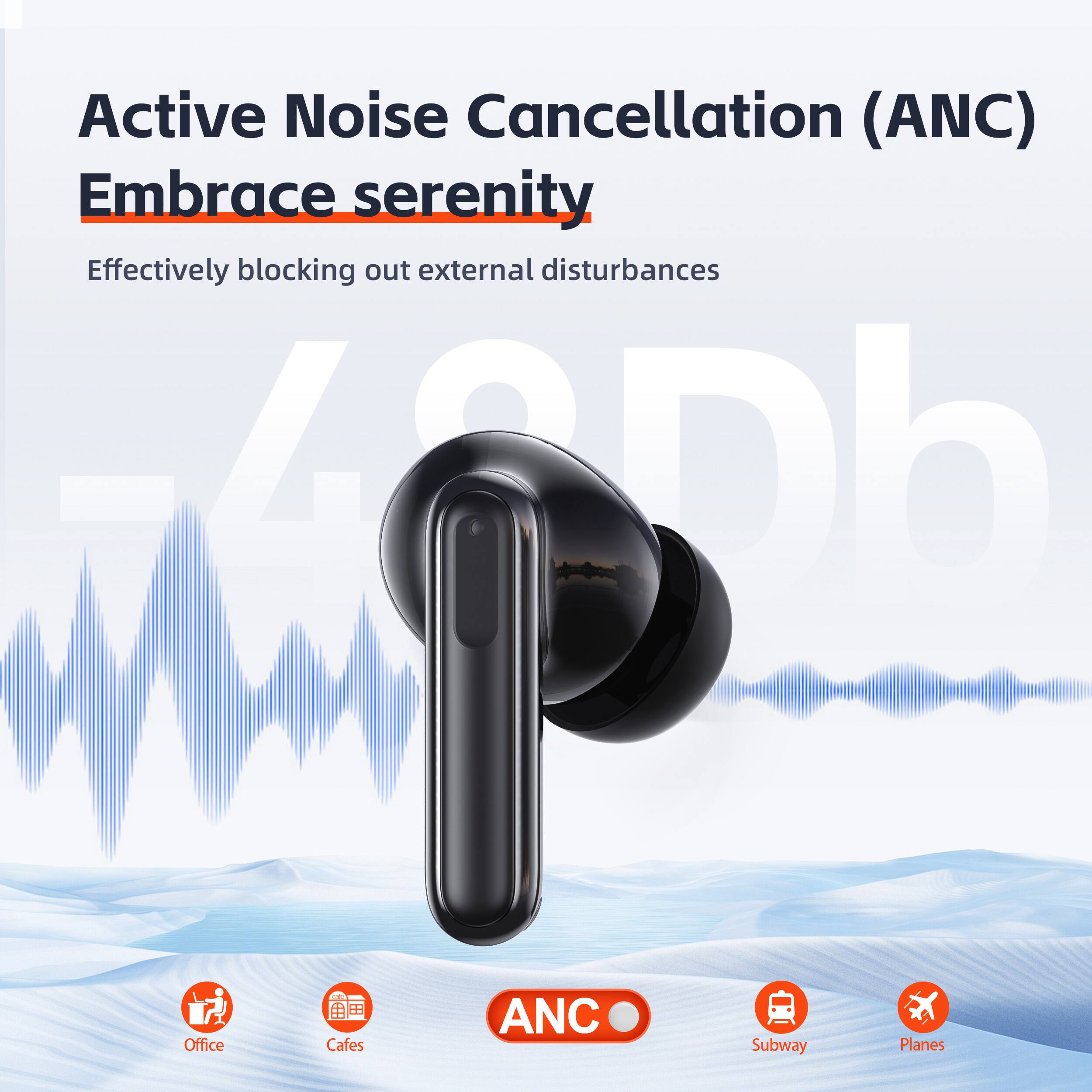 Active Noise Cancellation (ANC)  
Embrace serenity  
Effectively blocking out external disturbances  

46dB  

Office  
Cafes  
Subway  
Planes