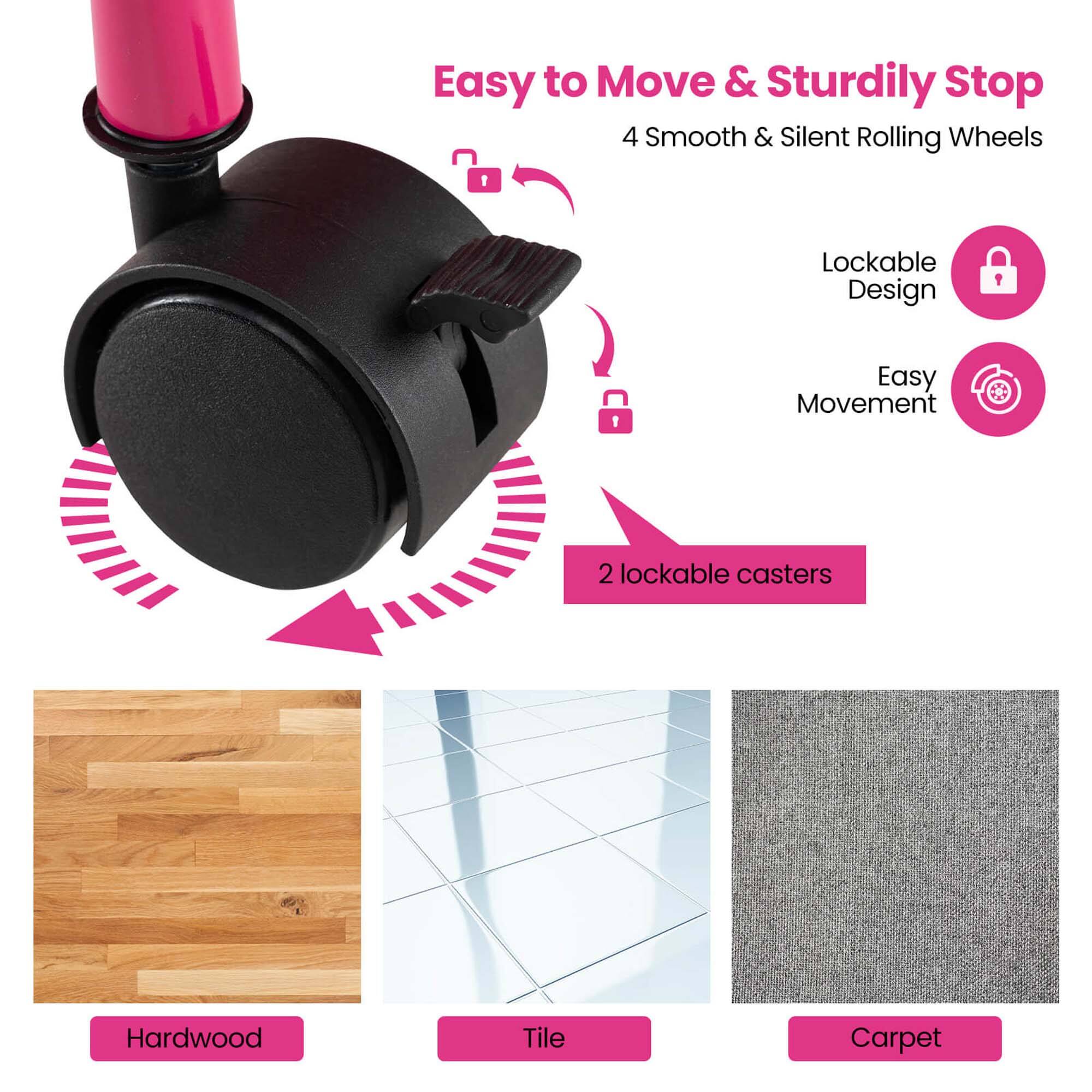 Easy to Move & Sturdily Stop, 4 Smooth & Silent Rolling Wheels, Lockable Design, Easy Movement, 2 lockable casters, Hardwood, Tile, Carpet