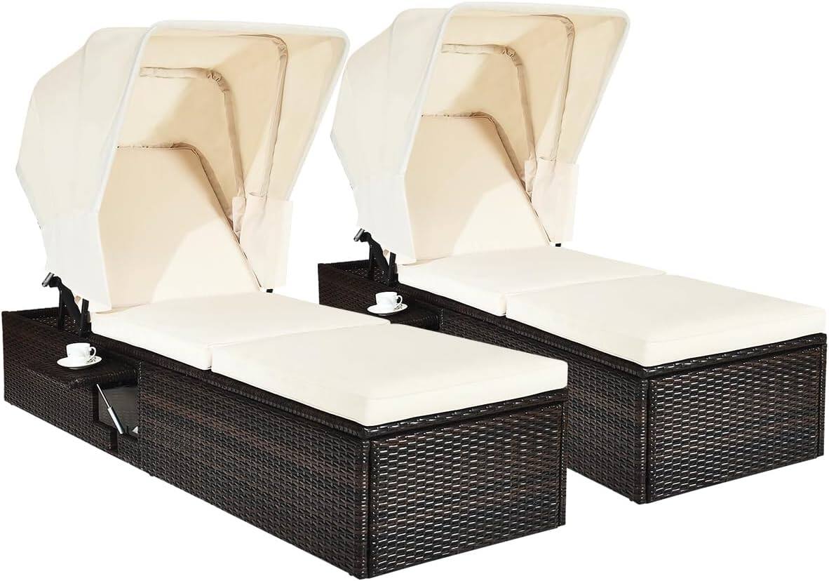 Alt View 1. Gymax - Gymax 2pcs Rattan Lounge Cushioned Chair W/Adjustable Canopy Patio - Off-White.