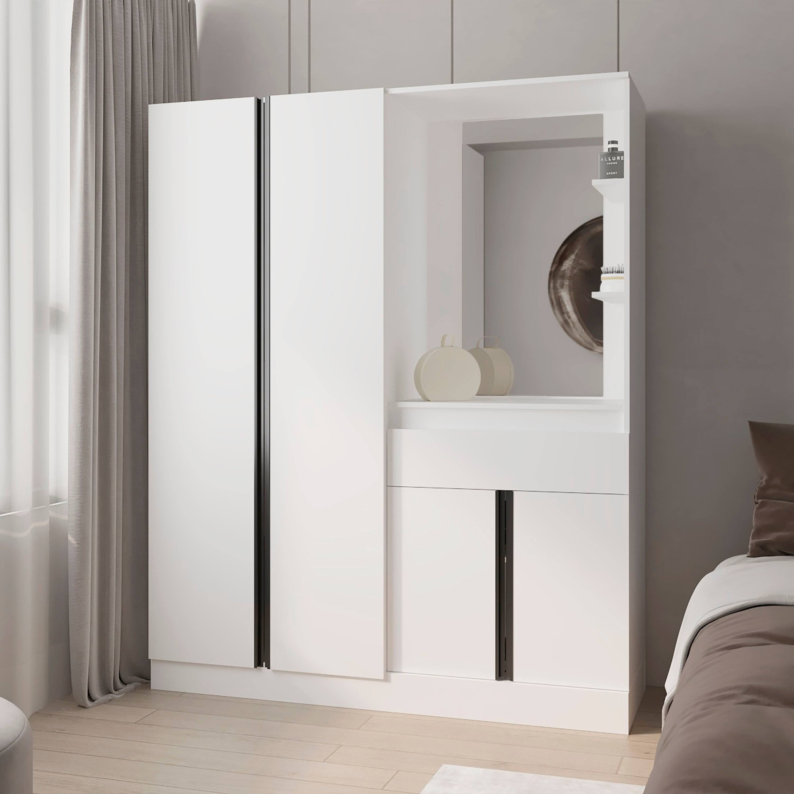Front. TinyHomie - CaneMulti-Functional Wardrobe with Vanity Mirror and Storage White - White.