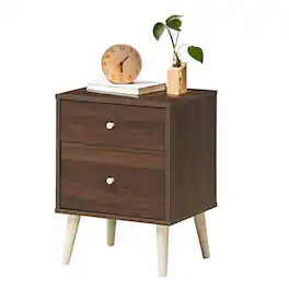 Costway - Nightstand 2-Drawer Beside End Side Table with Rubber Legs Finish - Walnut