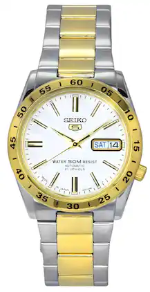 Seiko - 5 Two Tone Stainless Steel White Dial 21 Jewels Automatic SNKE04J1 Unisex Watch - Silver and Gold