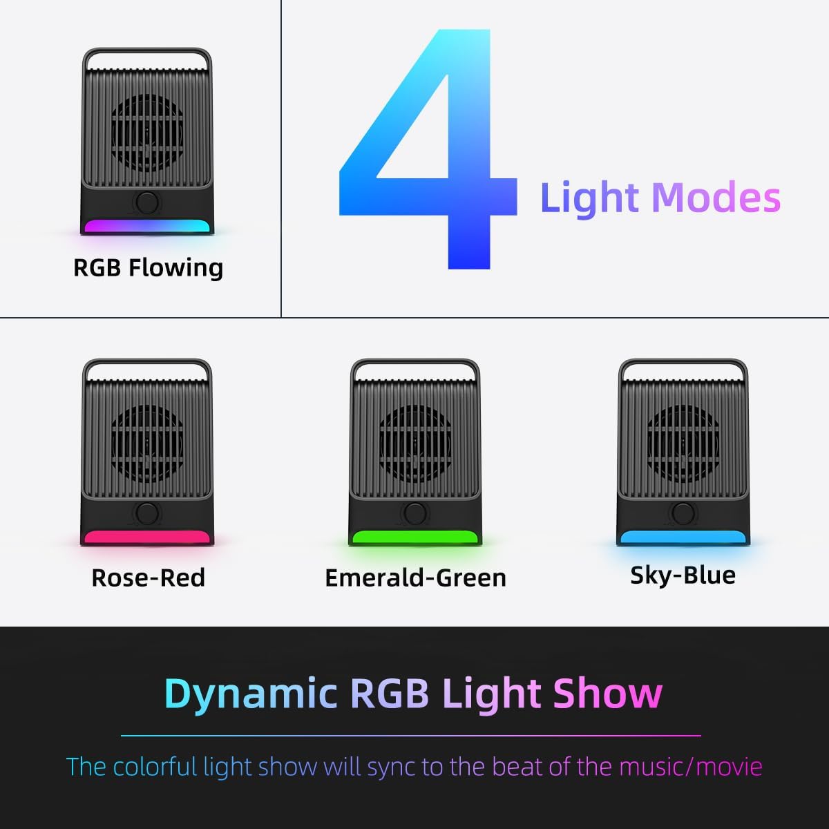 4 Light Modes

RGB Flowing

Rose-Red

Emerald-Green

Sky-Blue

Dynamic RGB Light Show

The colorful light show will sync to the beat of the music/movie