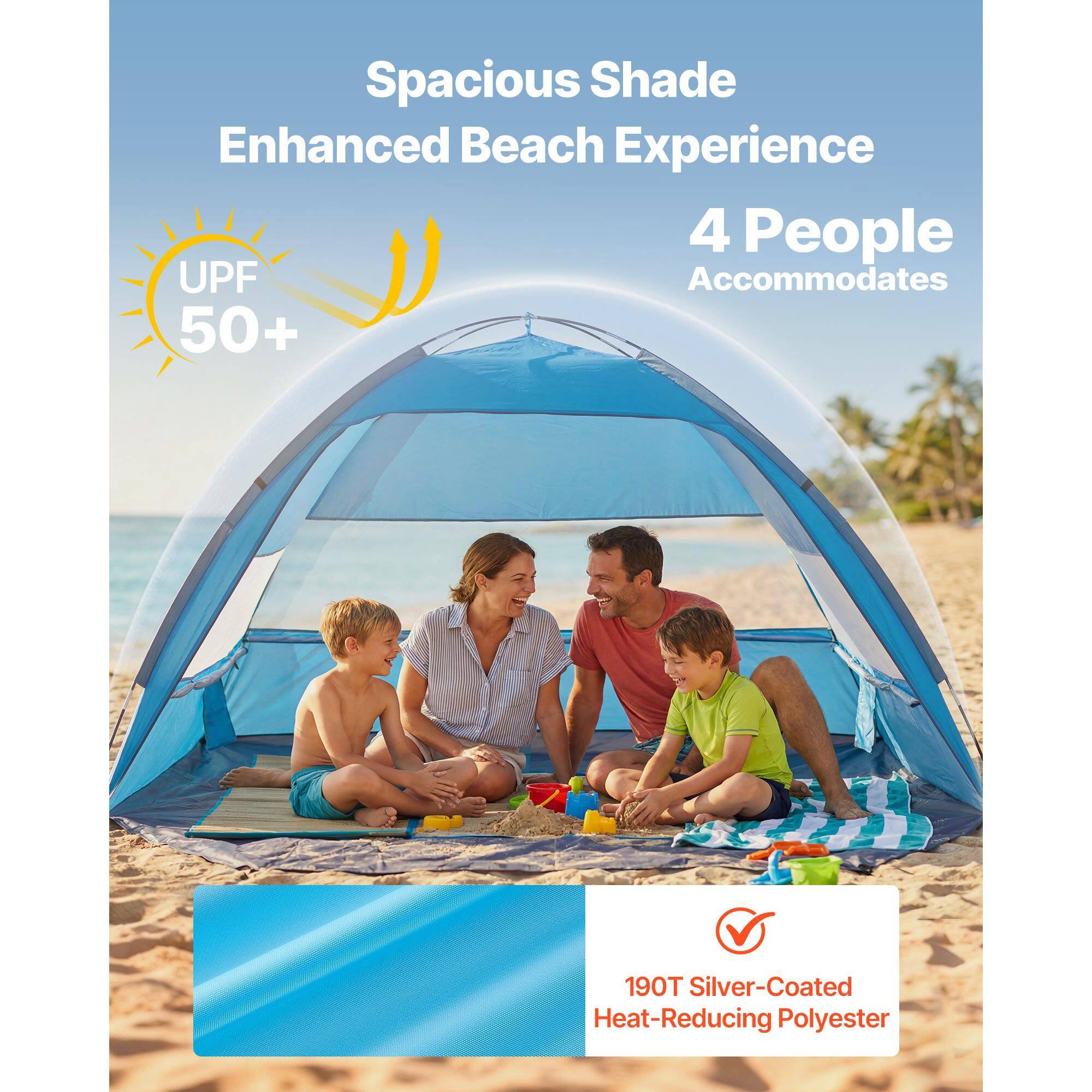 Spacious Shade Enhanced Beach Experience  
4 People Accommodates  
UPF 50+  
190T Silver-Coated Heat-Reducing Polyester