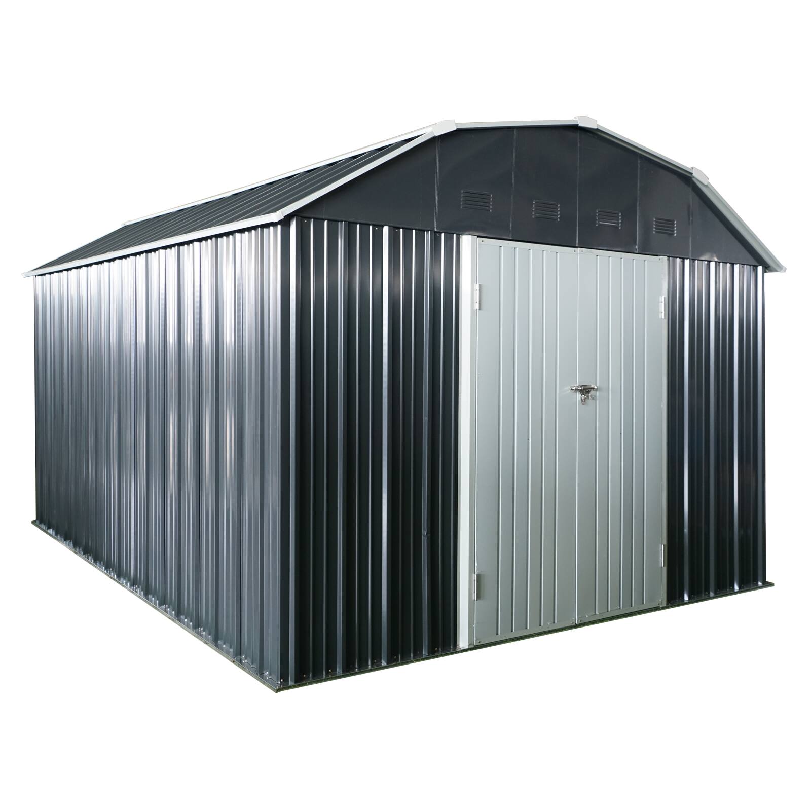 Front. Mondawe - 10 ft x 12 ft Outdoor Metal Storage Shed with Arch Roof and Lockable Doors - Black.