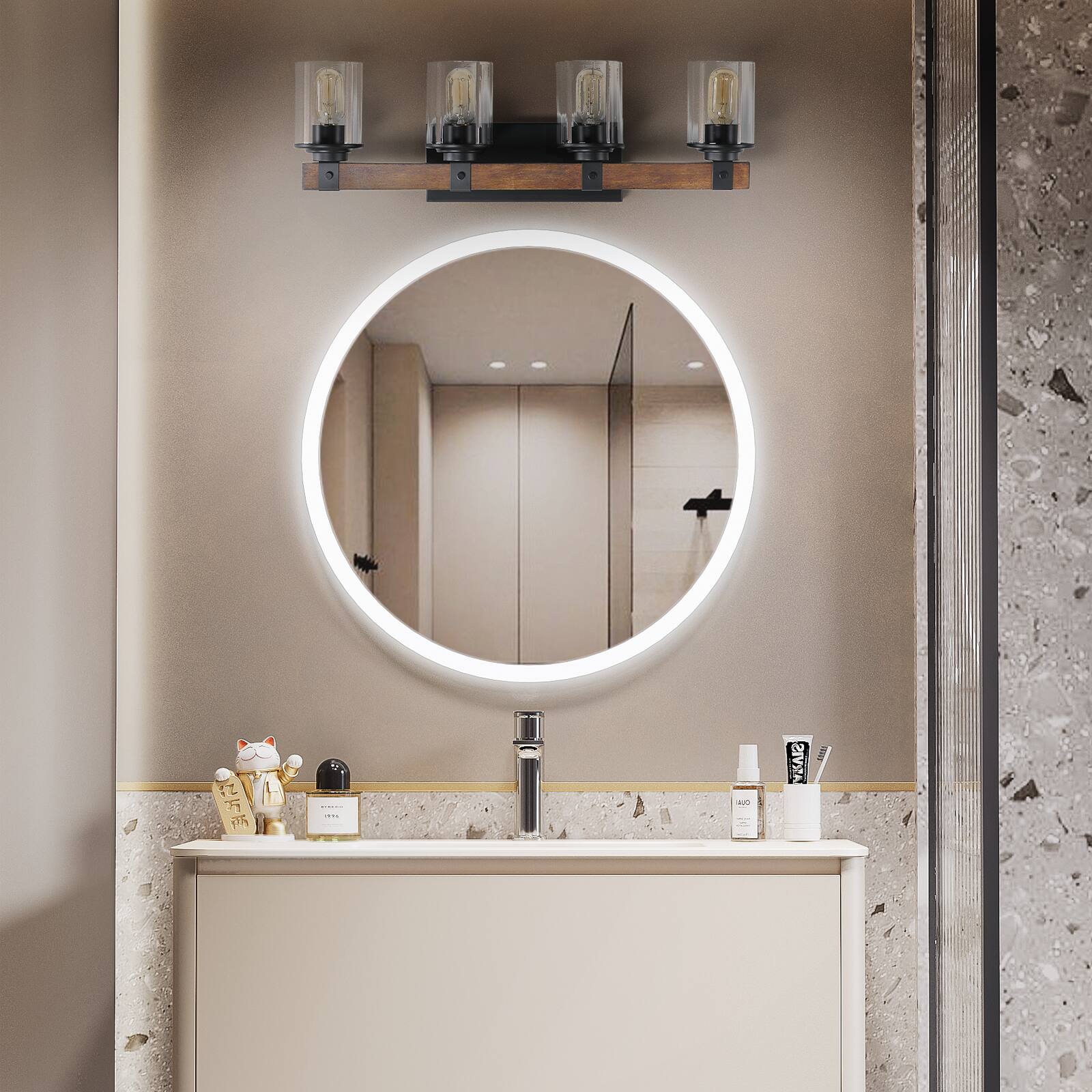 The text on the image appears to be in Chinese characters. Here is the corrected and grouped text:

- 江南雨

This text is located on the small sign next to the cat figurine on the vanity.