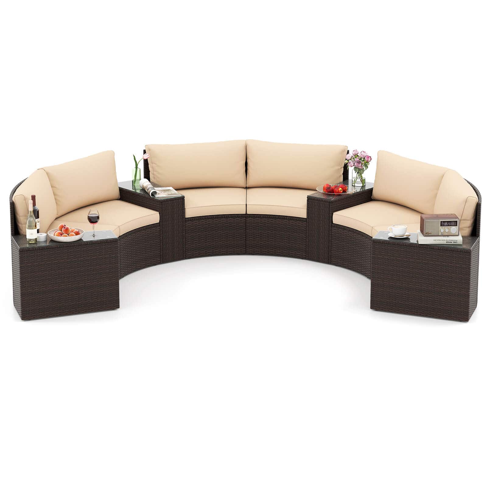 Front. Gymax - Gymax Set Of 7 Patio Furniture Set w/Tempered Glass Top Side Tables Back & Seat Cushions - Mix Brown, Beige.