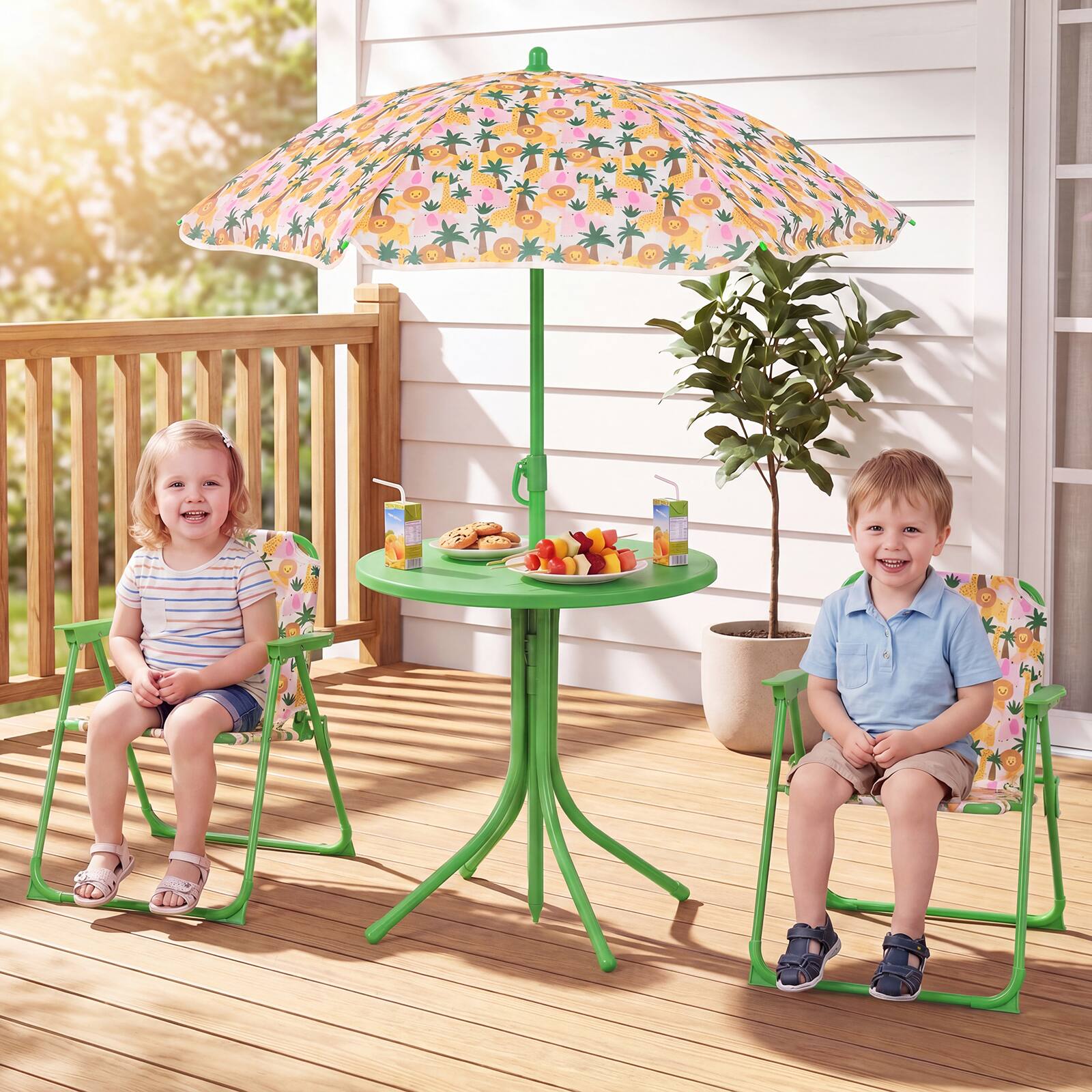 Alt View 1. Gymax - Gymax Kids Picnic Table Outdoor Table&Chair Set 2 Folding Chairs&Adjustable Umbrella Beige & Green - Beige.