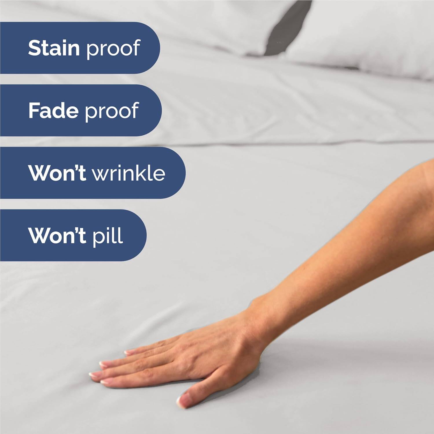 Stain proof  
Fade proof  
Won't wrinkle  
Won't pill