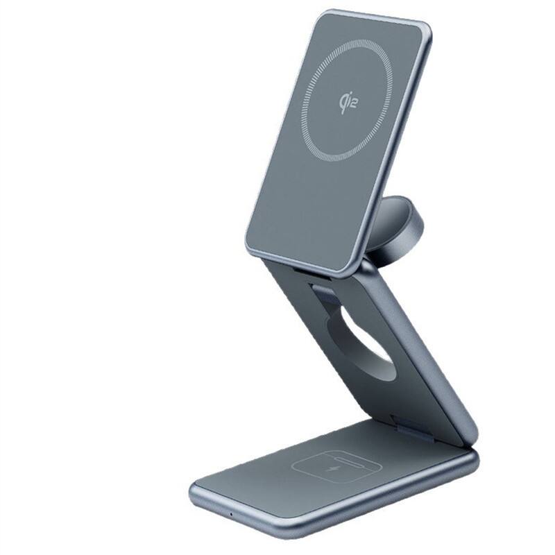 Angle. SKRAN - 3-in-1 Magnetic Wireless Charger - Qi2 Certified Wireless Charging Station with MagSafe, Metal Tri-Fold Stand - Black.