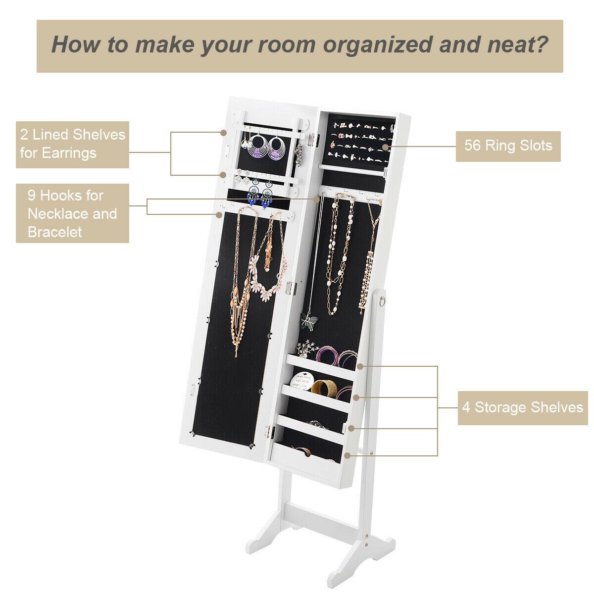 How to make your room organized and neat? 2 Lined Shelves for Earrings 56 Ring Slots 9 Hooks for Necklace and Bracelet 4 Storage Shelves