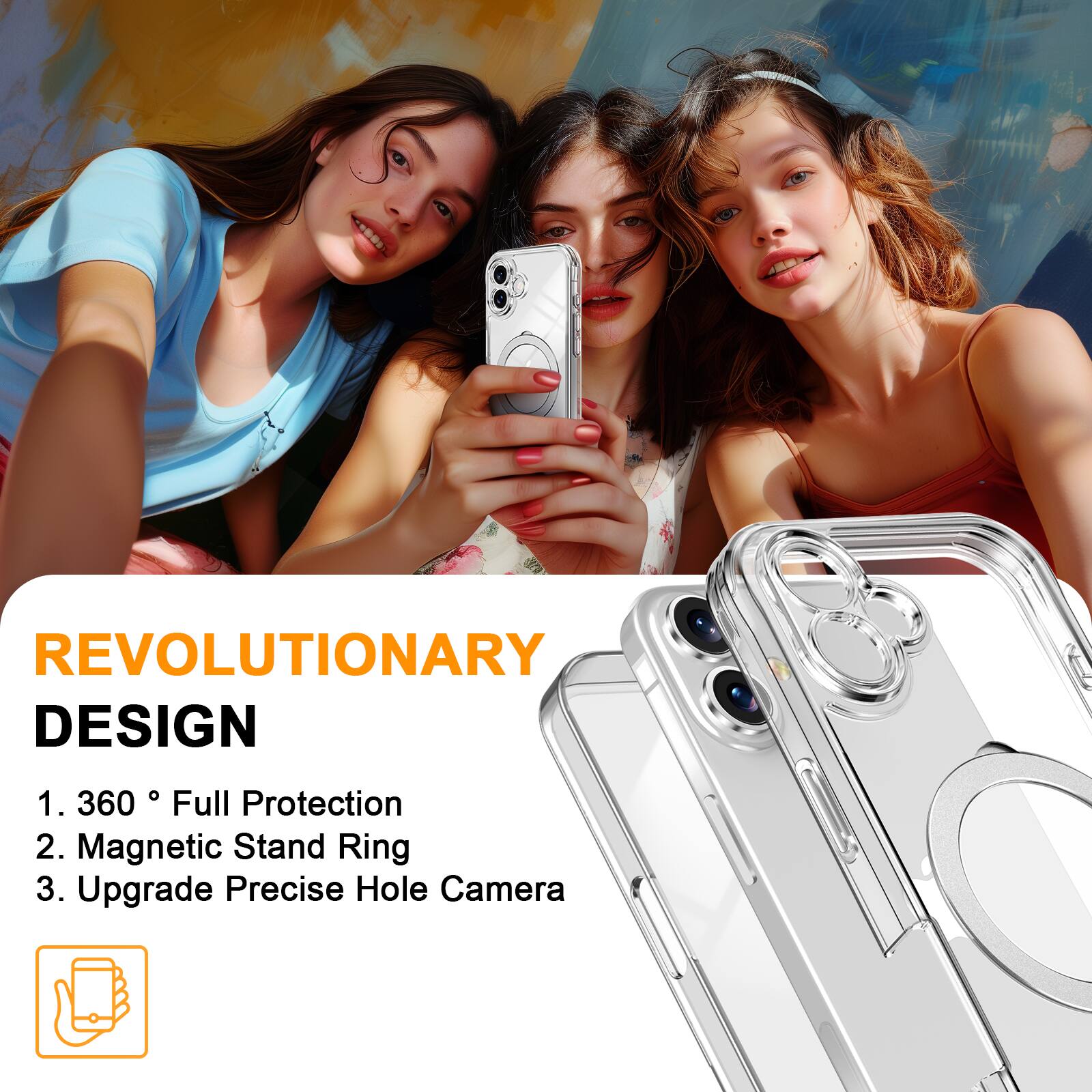 REVOLUTIONARY DESIGN
1. 360° Full Protection
2. Magnetic Stand Ring
3. Upgrade Precise Hole Camera