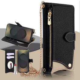 Dteck - Crossbody Wallet Case for Google Pixel 10 Pro, Elegant Zipper PU Leather Folio Stand Phone Cover, Built-in Mini Mirror - Black