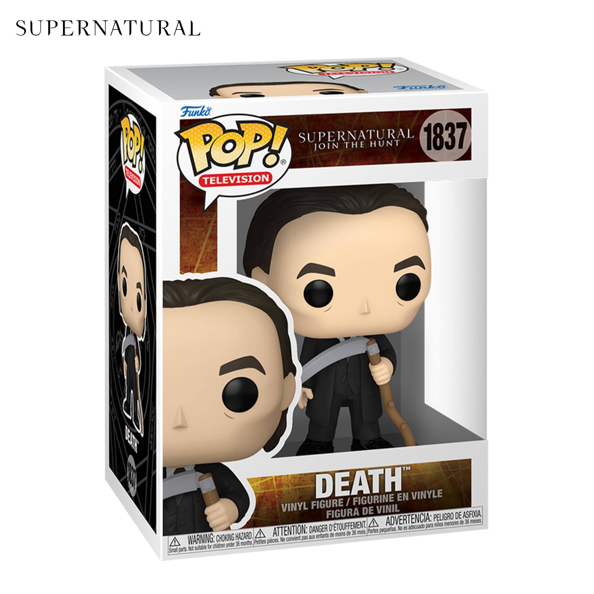 SUPERNATURAL  
Funko POP!  
TELEVISION  
1837  
JOIN THE HUNT  

DEATH  
VINYL FIGURE / FIGURINE EN VINYLE / FIGURA DE VINIL  

WARNING: CHOKING HAZARD - Small parts. Not for children under 3 years.  
ADVERTENCIA: PEQUEÑOS PIEZAS. NO ES ADECUADO PARA MENORES DE 3 AÑOS.  
ATTENTION: PELIGRE DE SOUFFLEMENT - Pièces petites. Ne convient pas aux enfants de moins de 3 ans.