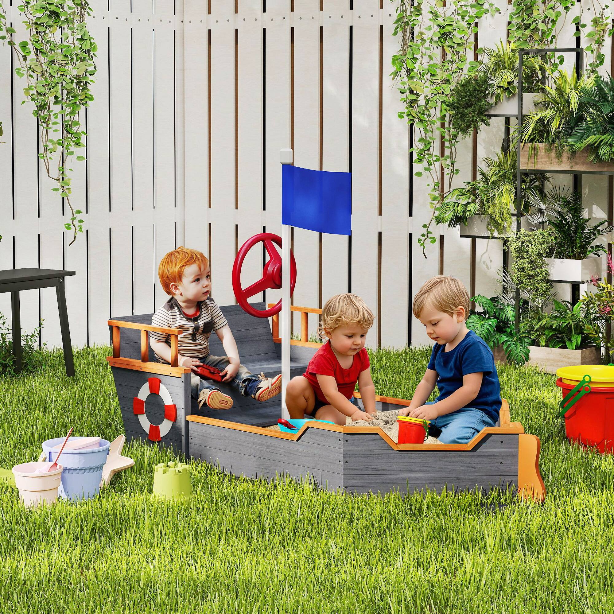 Angle. Outsunny - Wooden Kids Sandbox, Pirate Ship Outdoor Sandboat, Bench Seats, Storage, Non-Woven Fabric Cloth, Lawn.