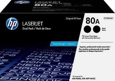 LASERJET SOA

hp Dual-Pack LASERJET / Pack de Deux

Original HP Toner CF280AD1 80 Black Noire Toner Cartridges 2 Cartouches de toner

Great Savings! / Aubaine! Superior, professional results every time. ' Dos professionnels et de qualité supérieure. chaque impression."

TOKYO HONG NEW

HP LoserJet no 400 M401, 400 MFP MA25