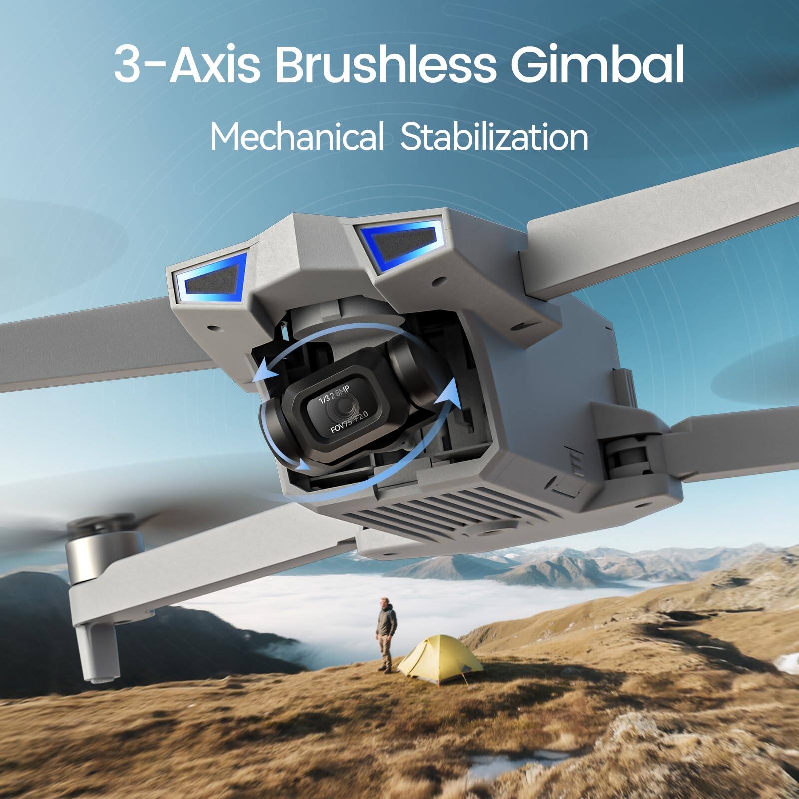 3-Axis Brushless Gimbal  
Mechanical Stabilization  
1/3.2 8MP FOV75-F2.0