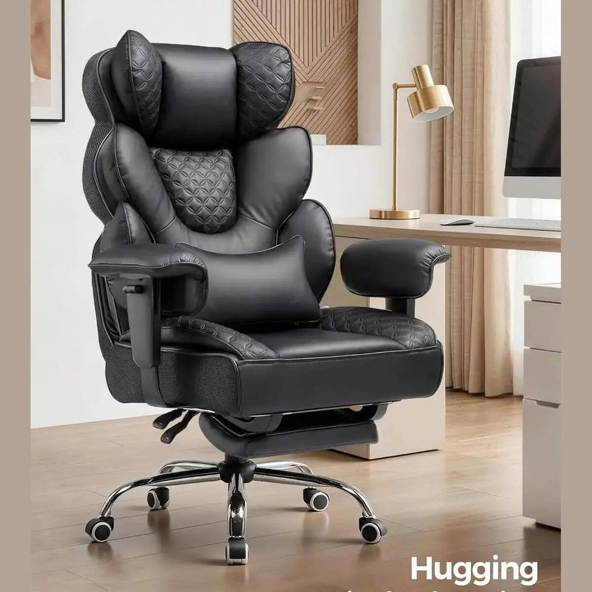 Back. Comhoma - Big and Tall Leather Ergonomic Office Chair with Retractable Footrest - Black.