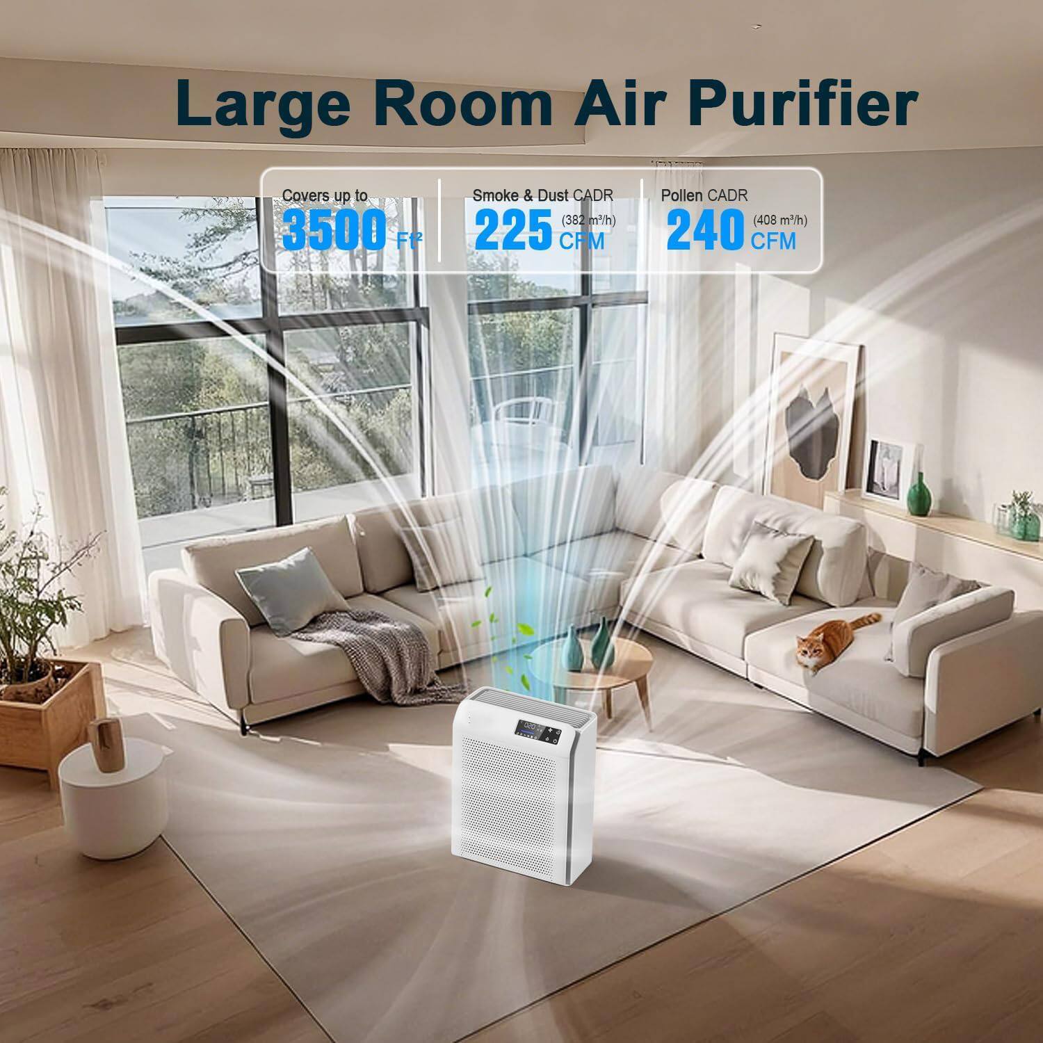 Large Room Air Purifier  
Covers up to 3500 sq ft  
Smoke & Dust CADR: 225 CFM (382 m³/h)  
Pollen CADR: 240 CFM (408 m³/h)