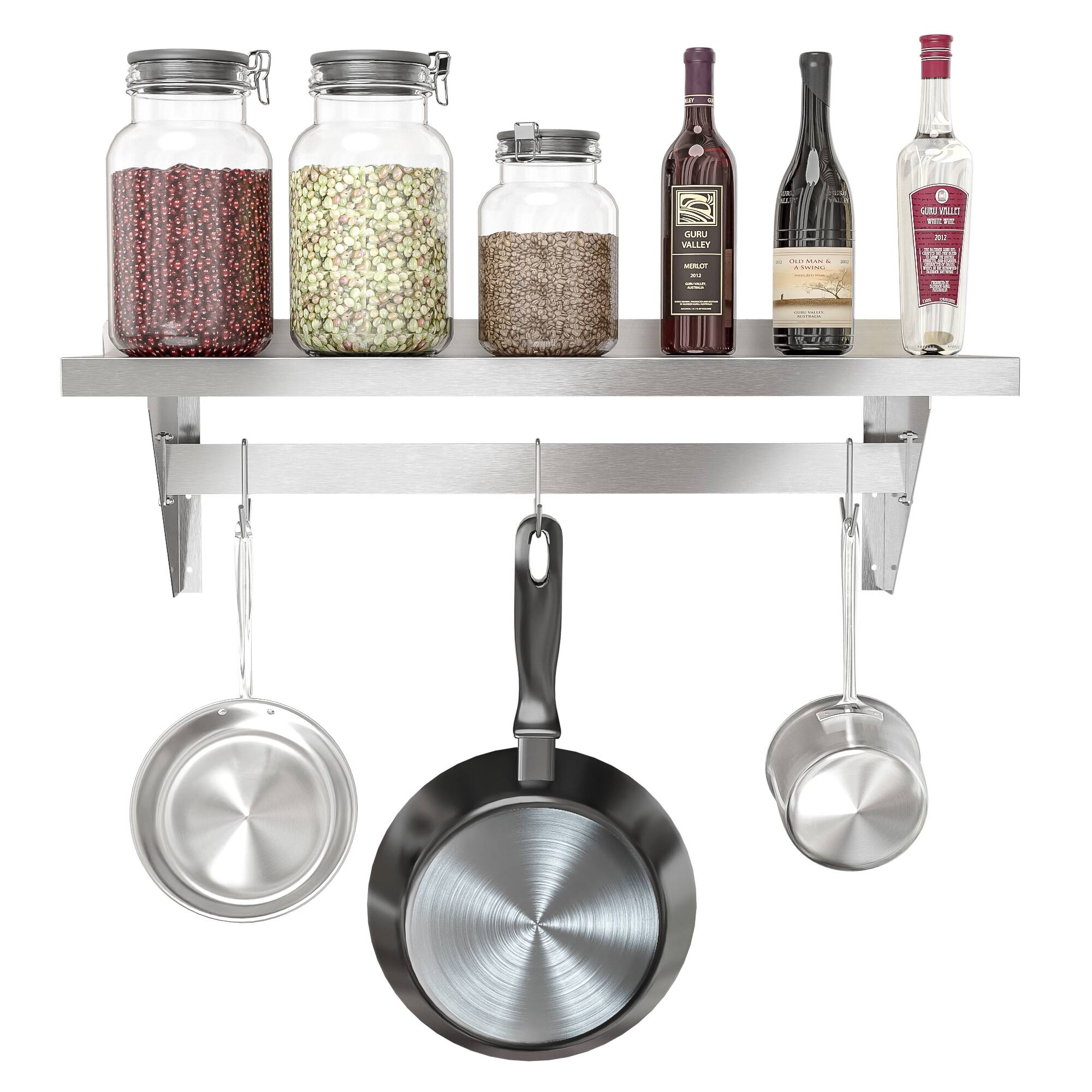 Alt View 5. Koolmore - 12" x 36" 18-Gauge Stainless-Steel Heavy Duty Wall Shelf with Pot Rack, WMPS-1236. - Stainless-Steel.