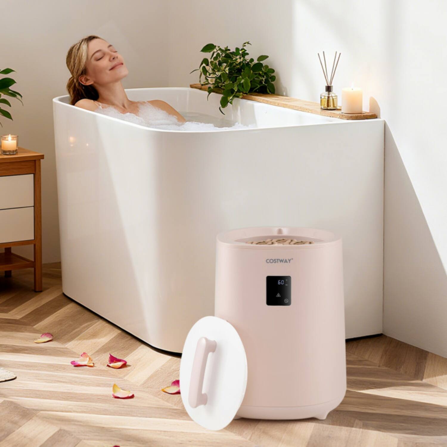 Angle. LUCKY ONE - 18L Freestanding Towel Warmer with LED Display and Auto Shut-Off - Pink.