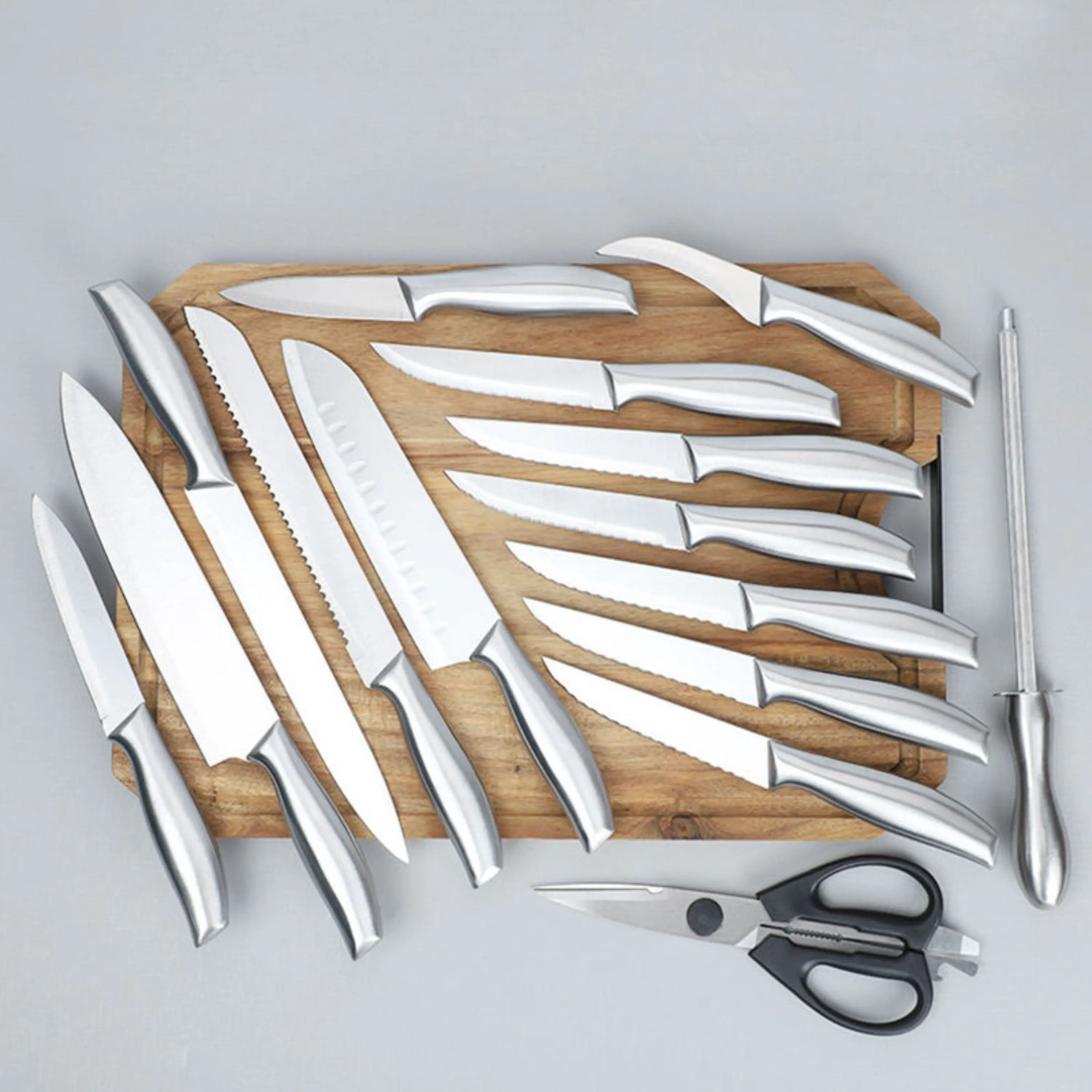 Left. Kitcheniva - 16-Piece Stainless Steel Knife Set with Wood Block and Hollow Handle.