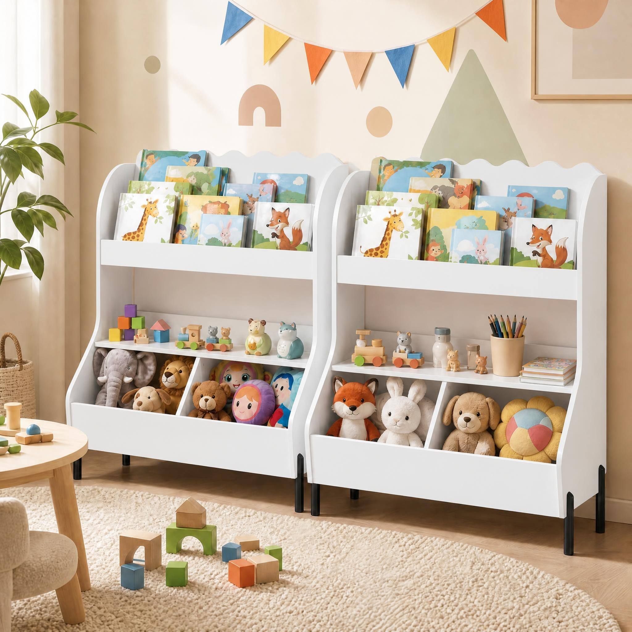 Alt View 4. Costway - Costway Kids Wooden Toy Storage Organizer Bookcase with 2 Bins Open Shelf - White.