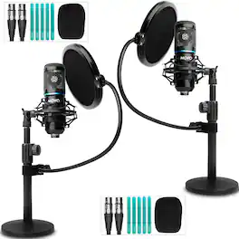 MOVO - 2-Pack Universal Cardioid Podcasting Microphone Bundle with Tabletop Mic Stand and Pop Filter for XLR Outputs