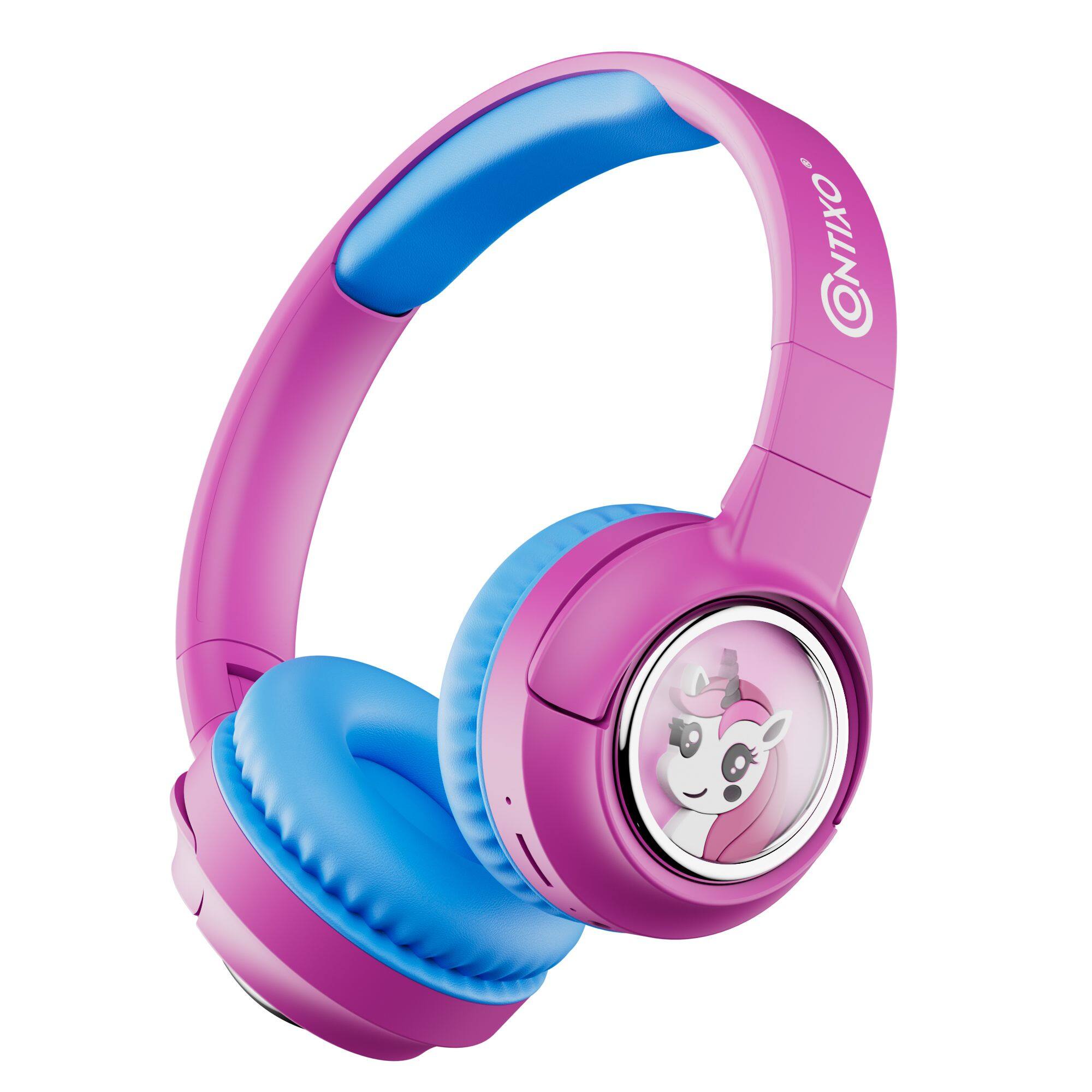 Contixo - Kids Bluetooth Wireless Headphones, Fun Designs, Safe Volume Limiter, LED Lights, Foldable, Mic - Pink