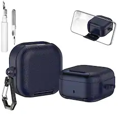 Front. Dteck - Case for Samsung Galaxy Buds 4 / Buds 4 Pro with Phone Holder & Keychain,Leather Texture Earbuds Cover for Man Women - Dark Blue.
