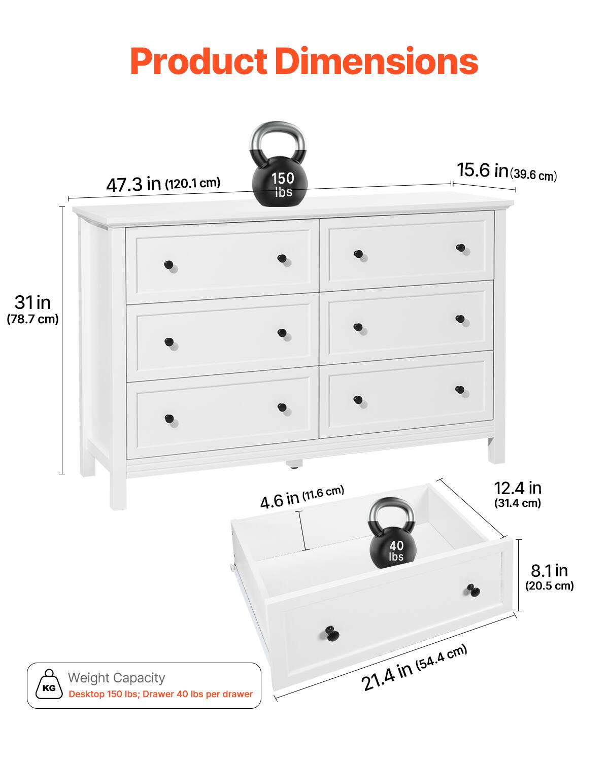 Product Dimensions

- 47.3 in (120.1 cm)
- 31 in (78.7 cm)
- 15.6 in (39.6 cm)
- 4.6 in (11.6 cm)
- 12.4 in (31.4 cm)
- 8.1 in (20.5 cm)
- 21.4 in (54.4 cm)

Weight Capacity
- Desktop: 150 lbs
- Drawer: 40 lbs per drawer