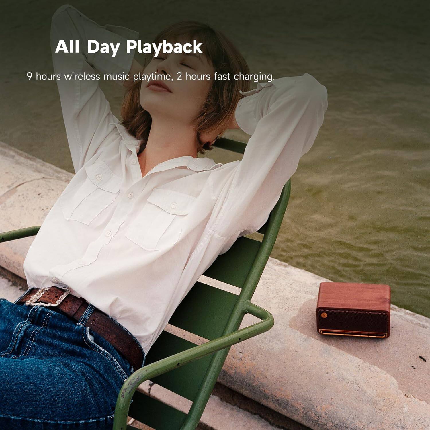 All Day Playback: 9 hours of wireless music playtime and 2 hours of fast charging.