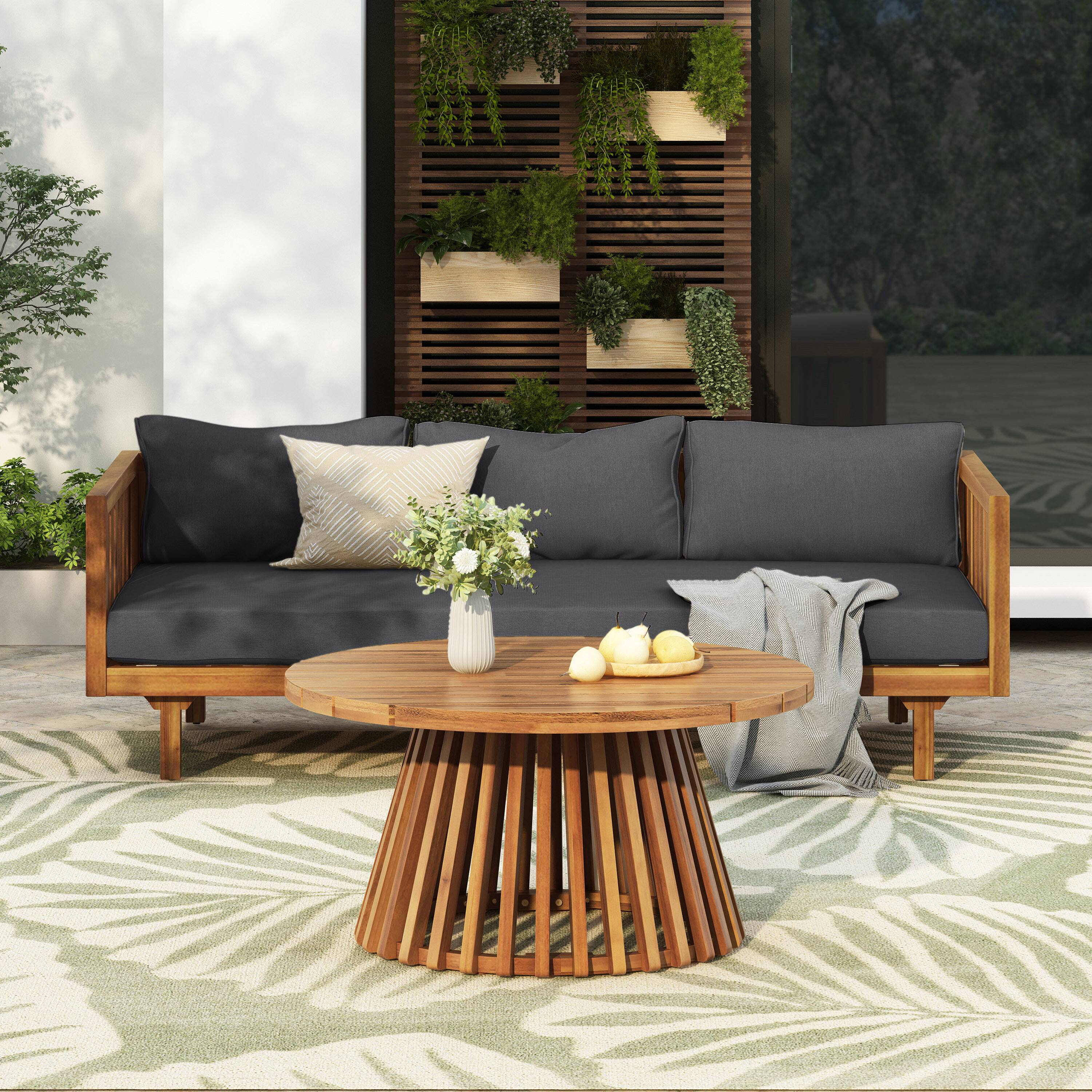 Alt View 1. Siljoy - Acacia Wood Outdoor 3-Seater Daybed with Water-Resistant Thick Cushions & Round Coffee Table - Dark Grey - Dark Grey.