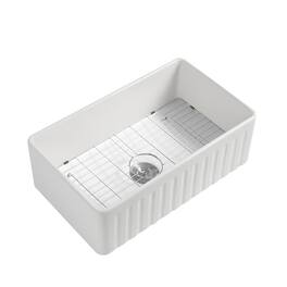 Siljoy - Fireclay 33" L X 20" W Farmhouse Kitchen Sink with Grid and Strainer - White