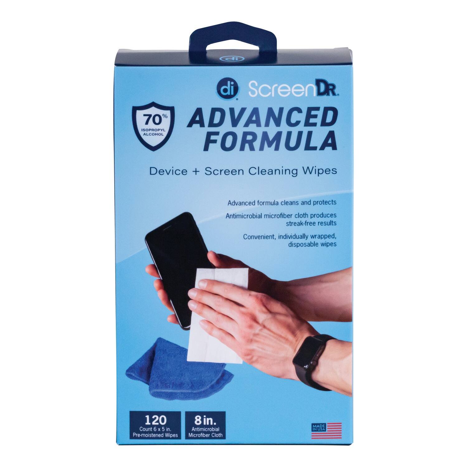 Screen Dr. Advanced Formula Device + Screen Cleaning Wipes  
70% Isopropyl Alcohol  
Advanced formula cleans and protects  
Antimicrobial microfiber cloth produces streak-free results  
Convenient, individually wrapped, disposable wipes  
120 Count 6x5 in. Pre-moistened Wipes  
8 in. Antimicrobial Microfiber Cloth  
Made in USA