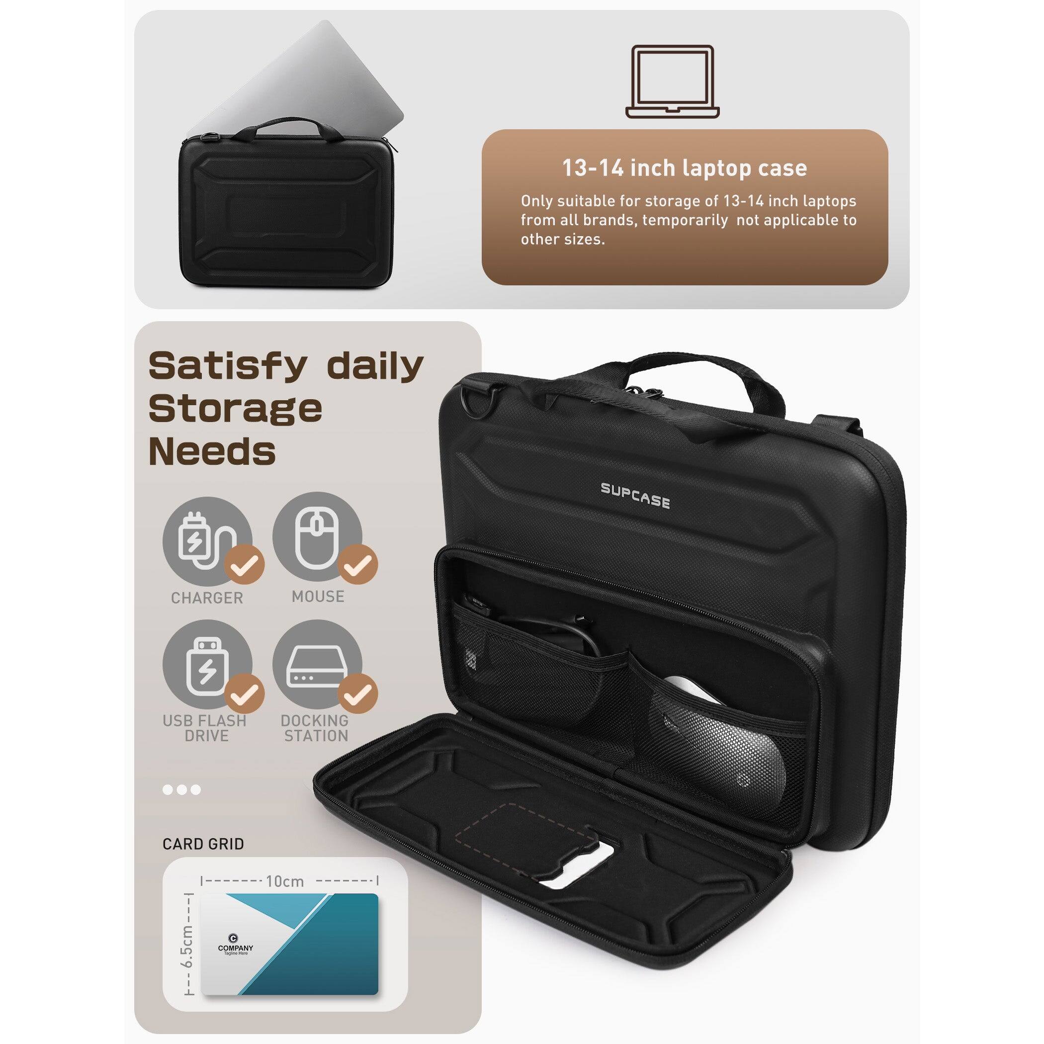13-14 inch laptop case  
Only suitable for storage of 13-14 inch laptops from all brands, temporarily not applicable to other sizes.

Satisfy daily Storage Needs  
CHARGER  
MOUSE  
USB FLASH DRIVE  
DOCKING STATION  

CARD GRID  
10cm x 6.5cm  

COMPANY