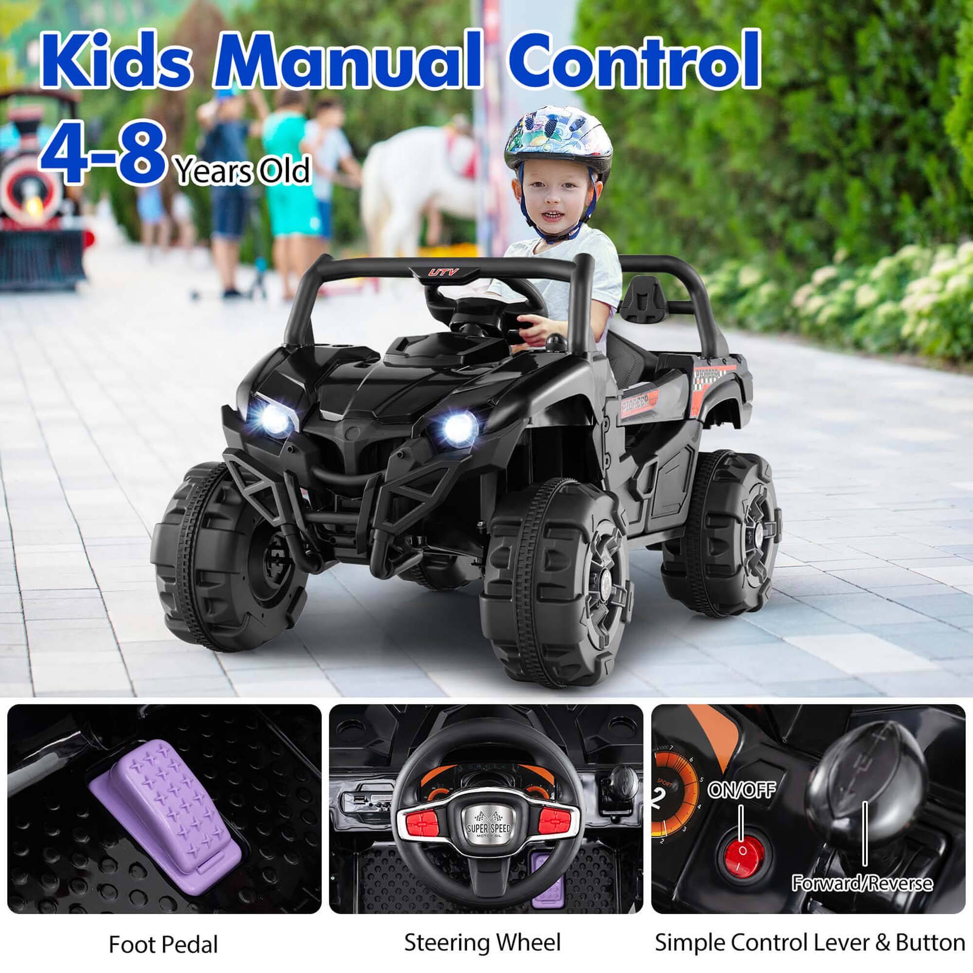 Kids Manual Control  
4-8 Years Old  

Foot Pedal  
Steering Wheel  
Simple Control Lever & Button  

ON/OFF  
Forward/Reverse