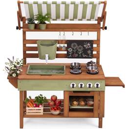 Best Choice Products - Deluxe Wooden Outdoor Mud Kitchen for Kids w/ Canopy, Water Tank, Faucet & 11pc Accessories - Olive