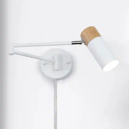 Front. TECH SAFARI - Modern Industrial Swing Arm Wall Lamp With Plug In Cord For Bedroom Living Room Office Rotatable Lampshade - swing white.