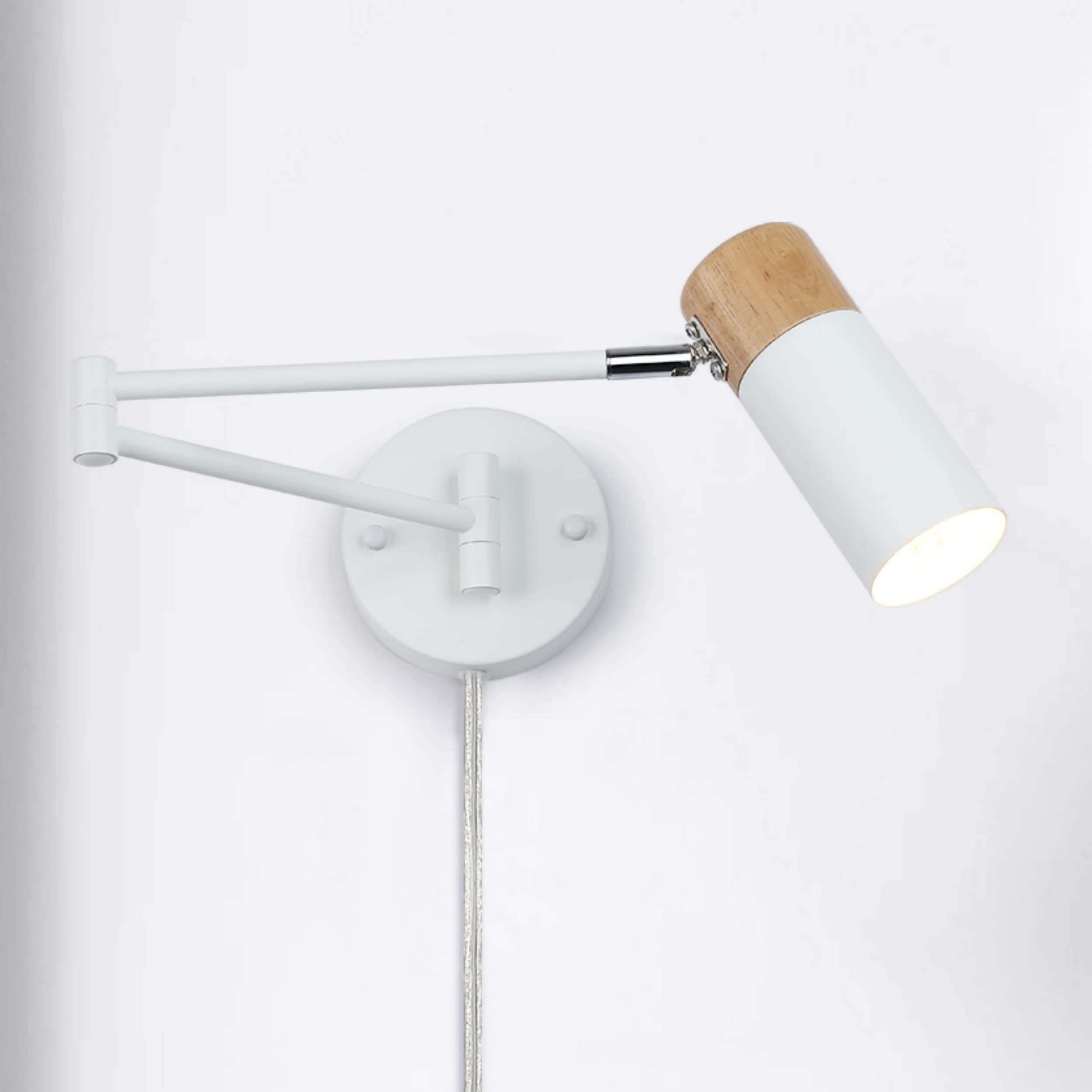 Front. TECH SAFARI - Modern Industrial Swing Arm Wall Lamp With Plug In Cord For Bedroom Living Room Office Rotatable Lampshade - swing white.