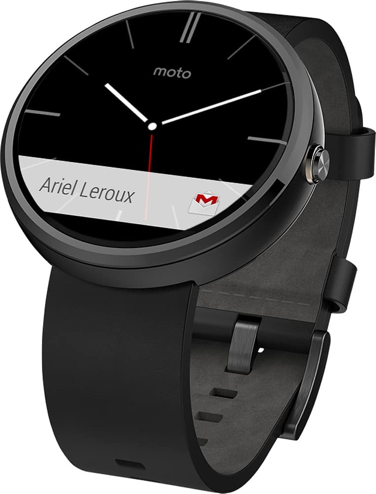Front. Motorola - Moto 360 Smartwatch 46mm Stainless Steel - Black Leather.