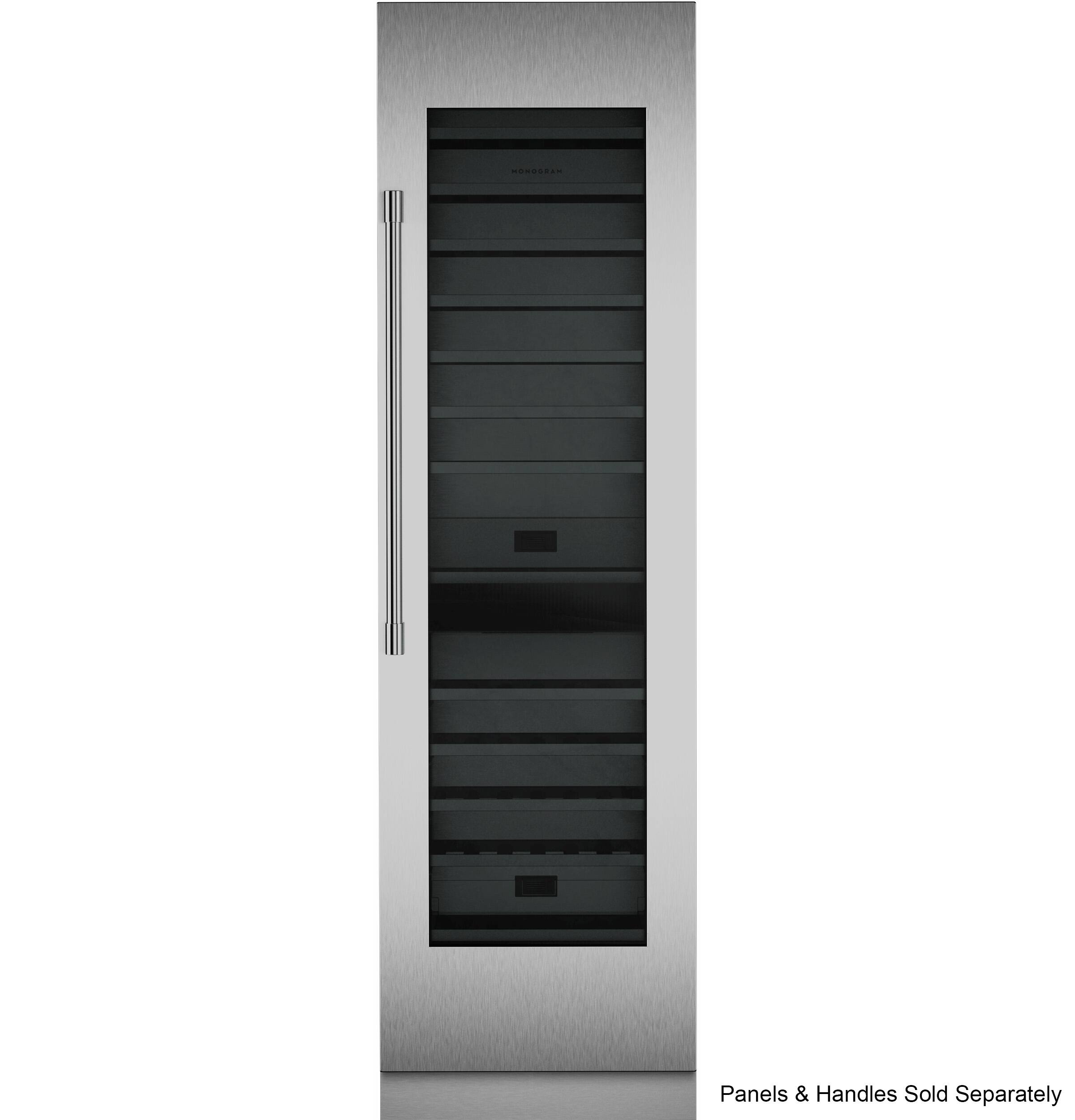 The image features a stainless steel refrigerator with a freezer drawer. The refrigerator is shown in a white background, and the freezer drawer is open. The text on the image reads "CORAN Panels & Handles Sold Separately."