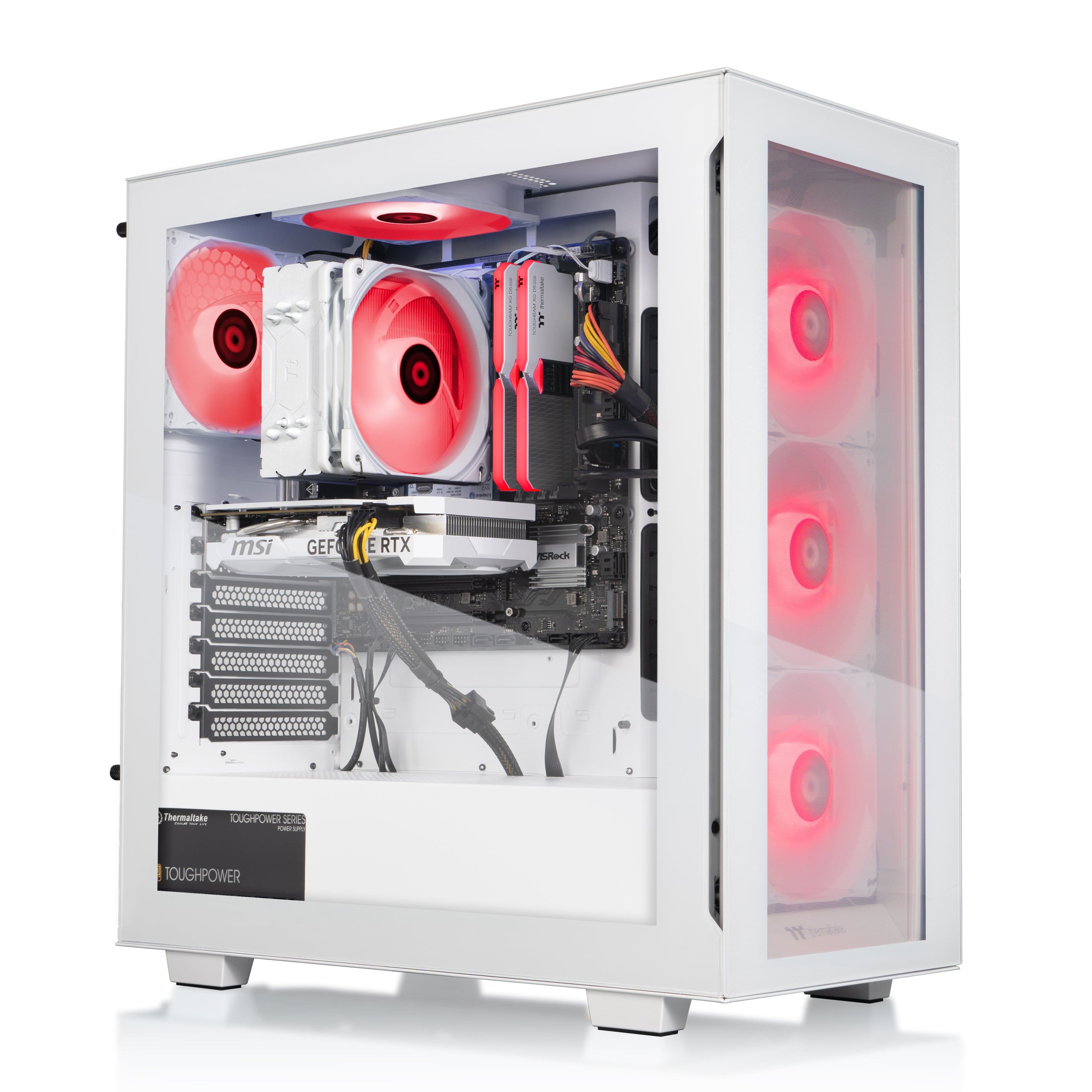 The image features a white computer case with red fans and a red light on the front. The case is a MSI GE62 7RD, and it has a RTX 2070 graphics card installed. The fans are positioned on the front and sides of the case, providing efficient cooling for the internal components. The red light on the front adds a visually appealing touch to the overall design of the computer case.