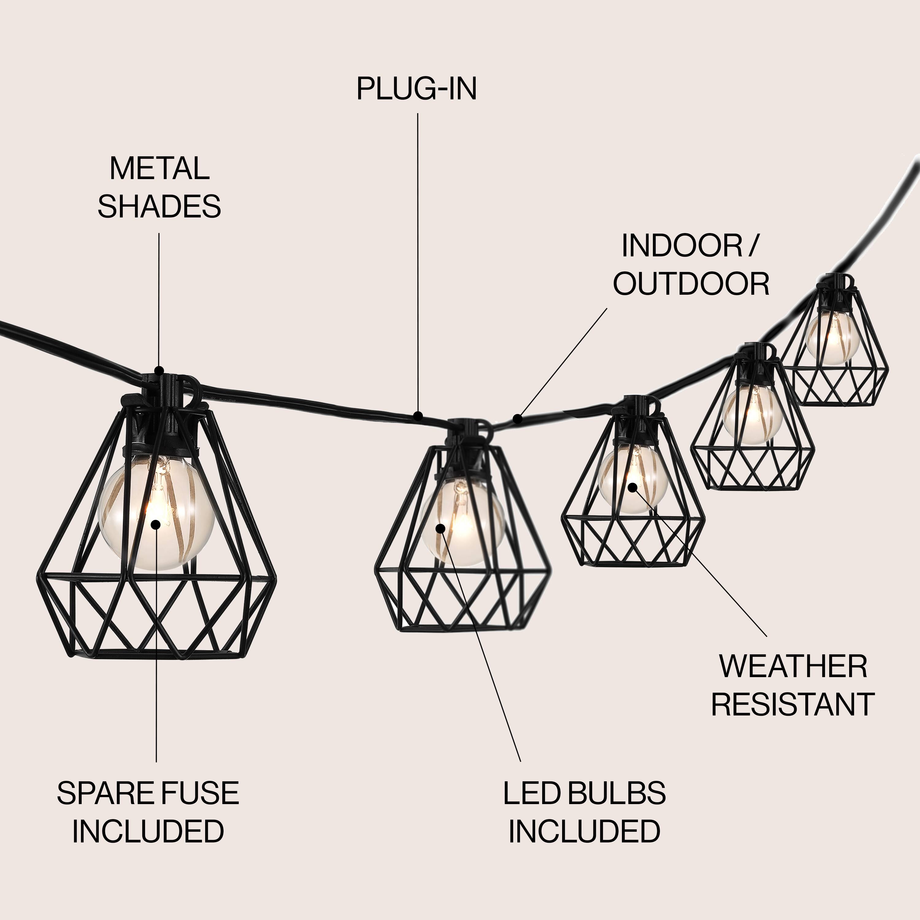 Plug-in metal shades, indoor/outdoor, weather resistant, spare fuse included, LED bulbs included