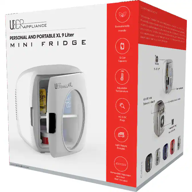 UBER APPLIANCE  
PERSONAL AND PORTABLE XL 9 Liter MINI FRIDGE  

- Environmentally Friendly  
- 12 Can Capacity  
- Adjustable Temperature  
- AC & DC Plugs  
- Light Weight Portable  
- Removable Separator and Door Shelf Included  
- Colors  

www.uber-appliances.com