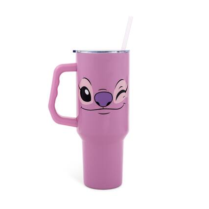 Front. Silver Buffalo - Disney Lilo & Stitch Angel Stainless Steel Tumbler With Handle | Holds 40 Ounces - Pink.