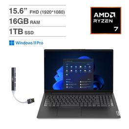 Lenovo - V15 Laptop 15.6 FHD (AMD Ryzen 7 7730U, 16GB DDR4, 1TB PCIe SSD, AMD Radeon, Win 11 Pro) w/USB Hub - Business Black