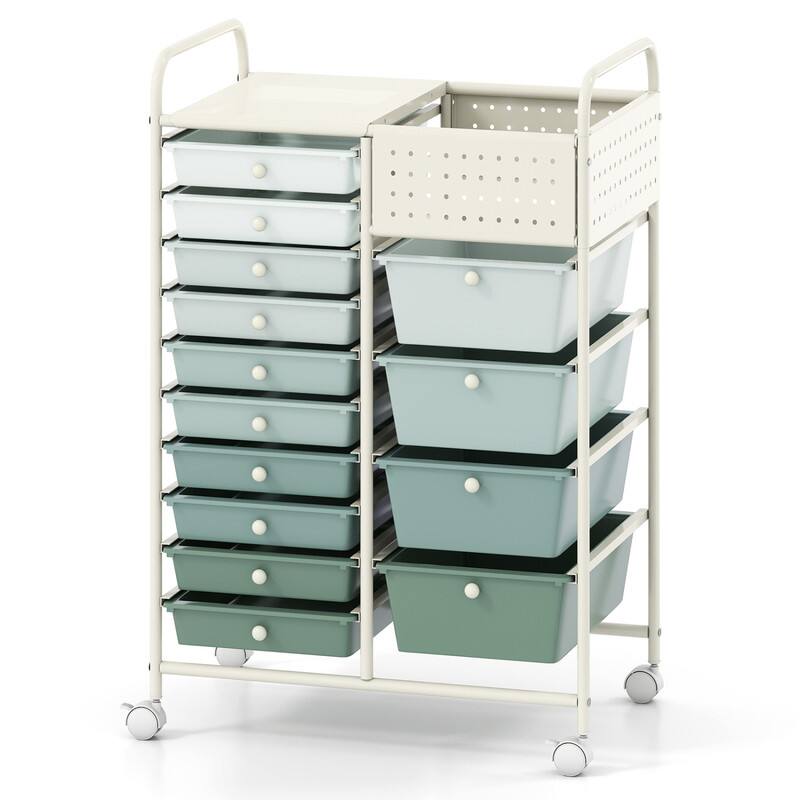 Alt View 4. WELLFOR - 14-Drawer Rolling Storage Cart with Metal Tabletop and Pegboard, Scrapbook Paper Office School Organizer - Gradient Green.